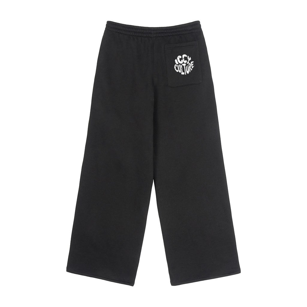 Icy Culture Iccy Fleece Pants pretas de algodão e poliéster com logótipo na parte de trás.