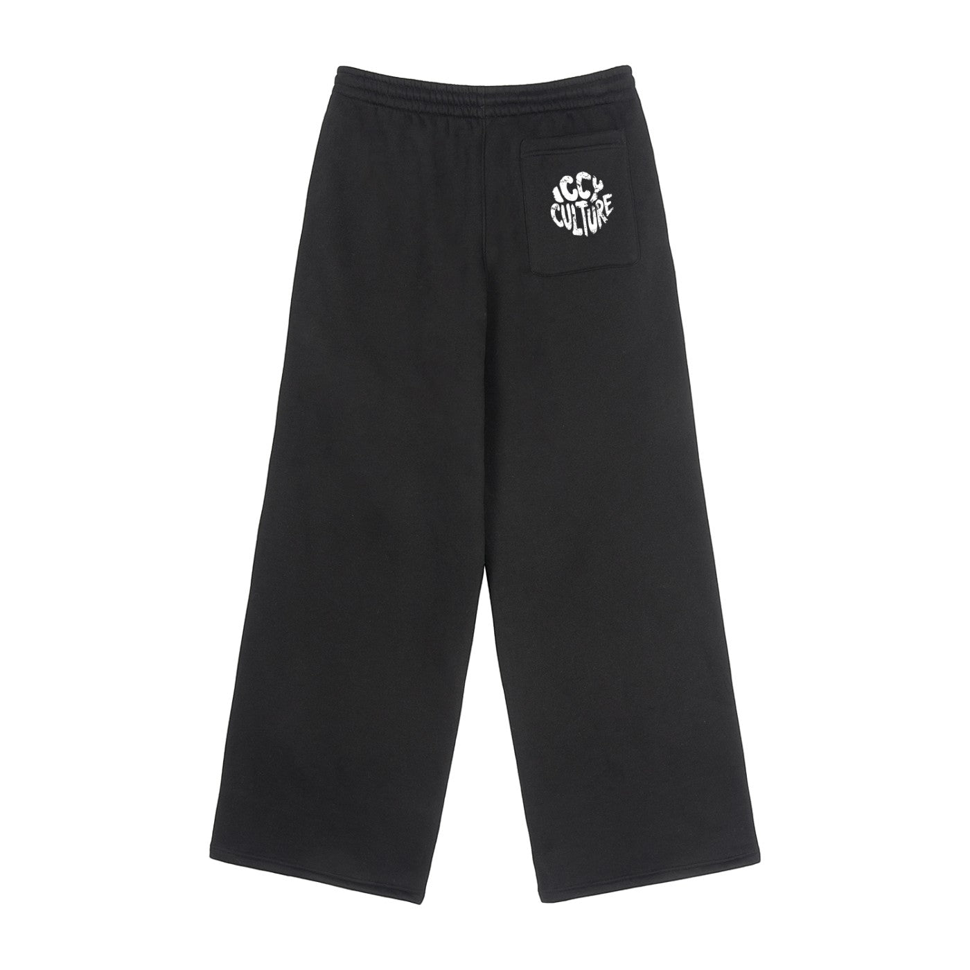 Icy Culture Iccy Fleece Pants pretas de algodão e poliéster com logótipo na parte de trás.