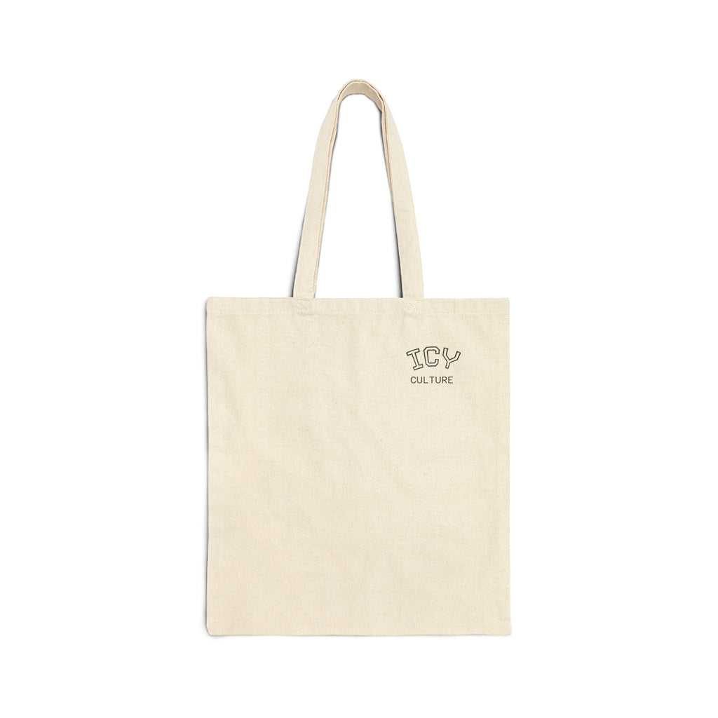 Icy Culture natural cotton canvas tote bag, 15" x 16", with 20" handles and subtle logo.