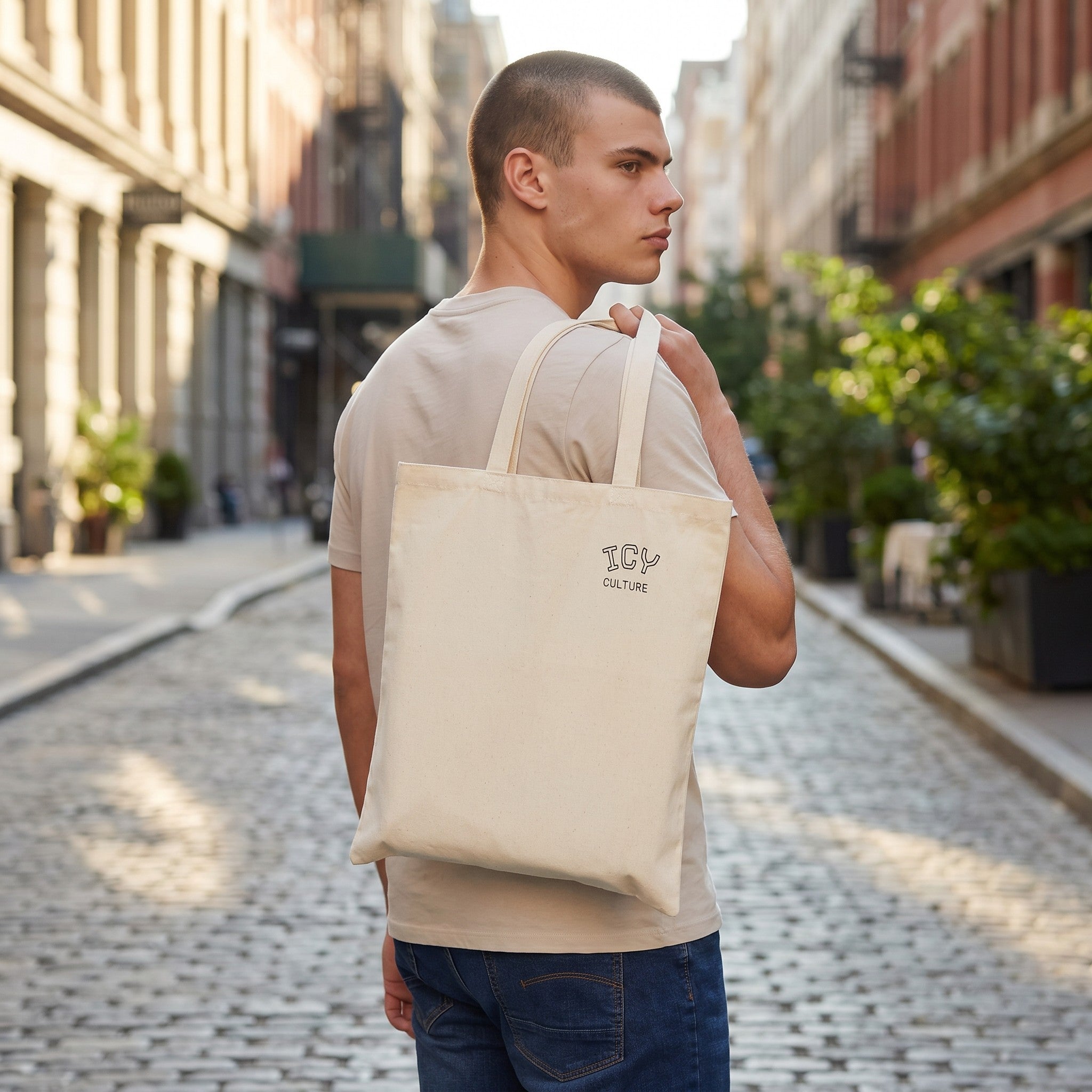 Icy Culture natural cotton canvas tote bag, 15" x 16", with 20" handles and subtle logo.
