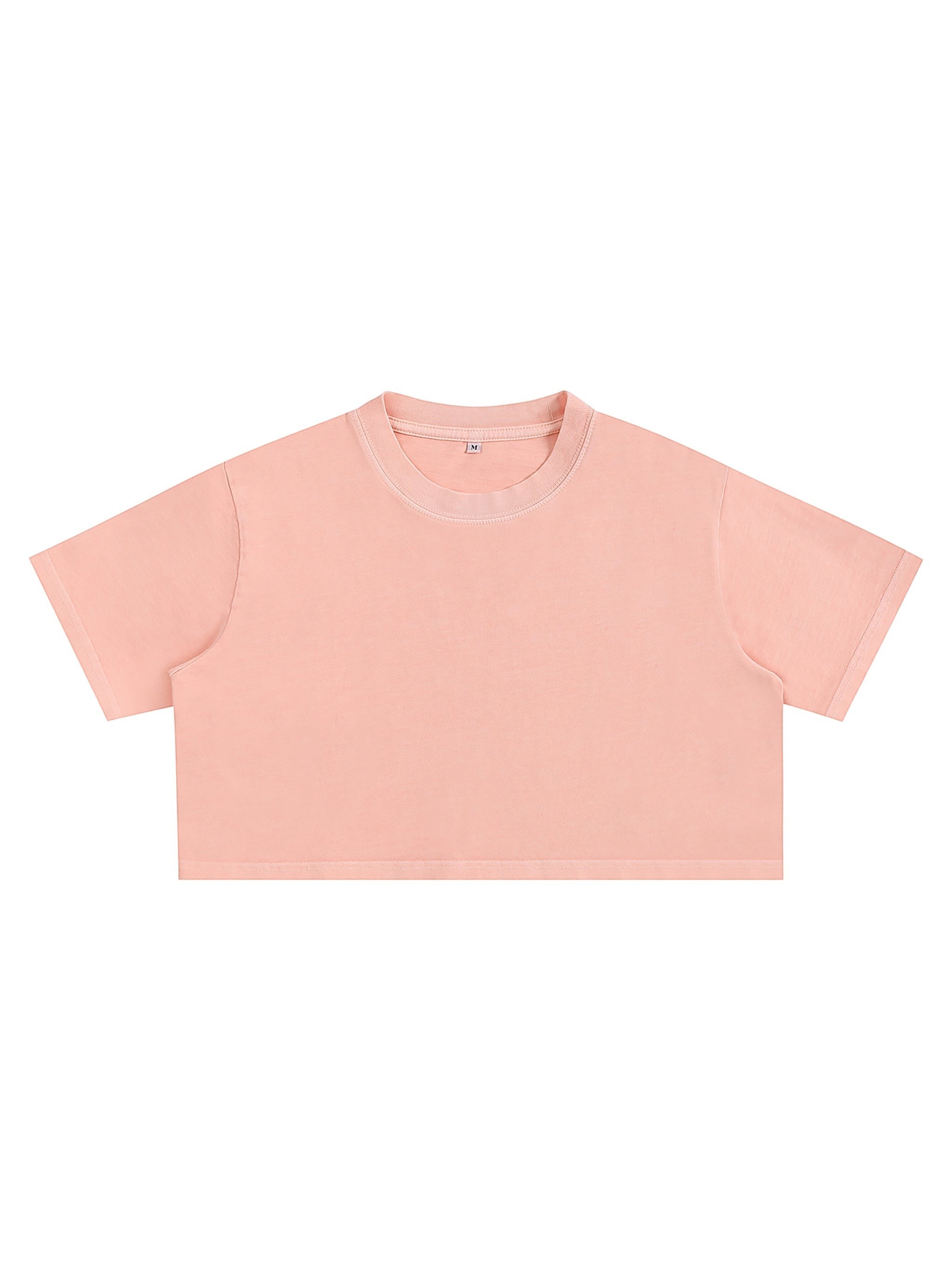 Icy Culture peach cotton crop top with short sleeves and round neck, washed finish.