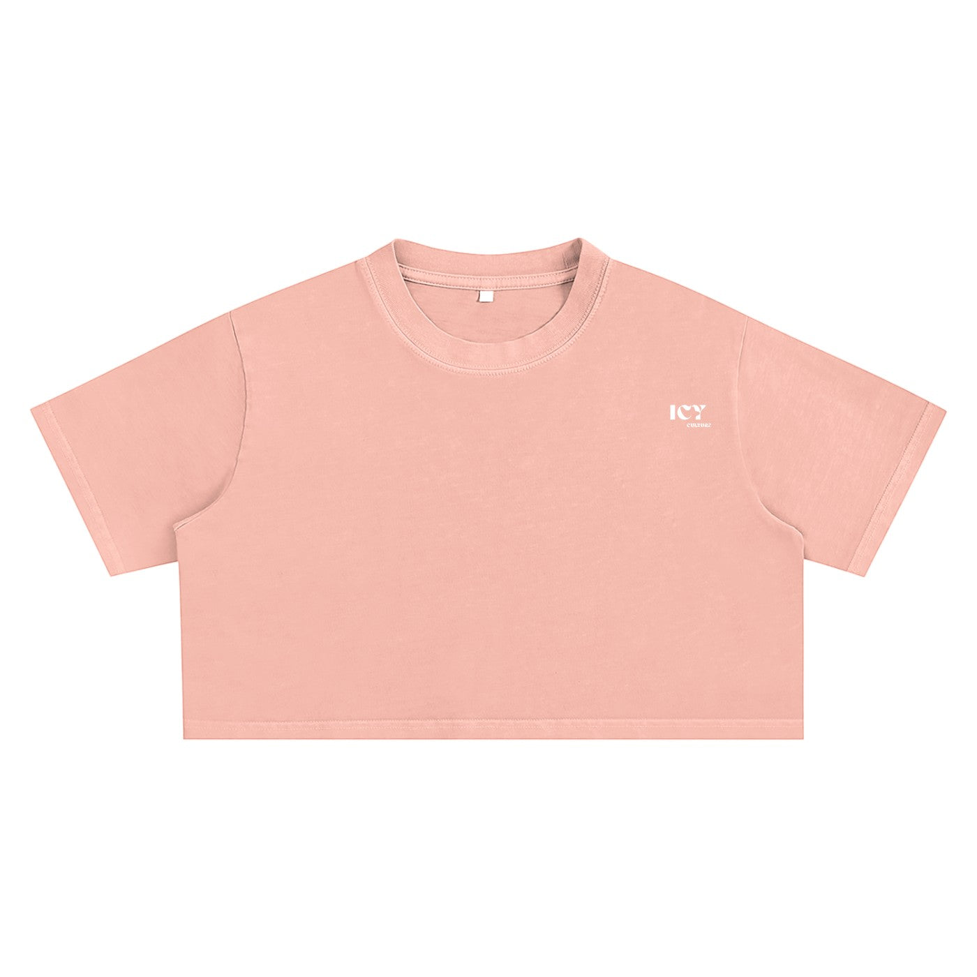 Icy Culture cropped t-shirt in peach, made of 100% cotton with a round neck and short sleeves.