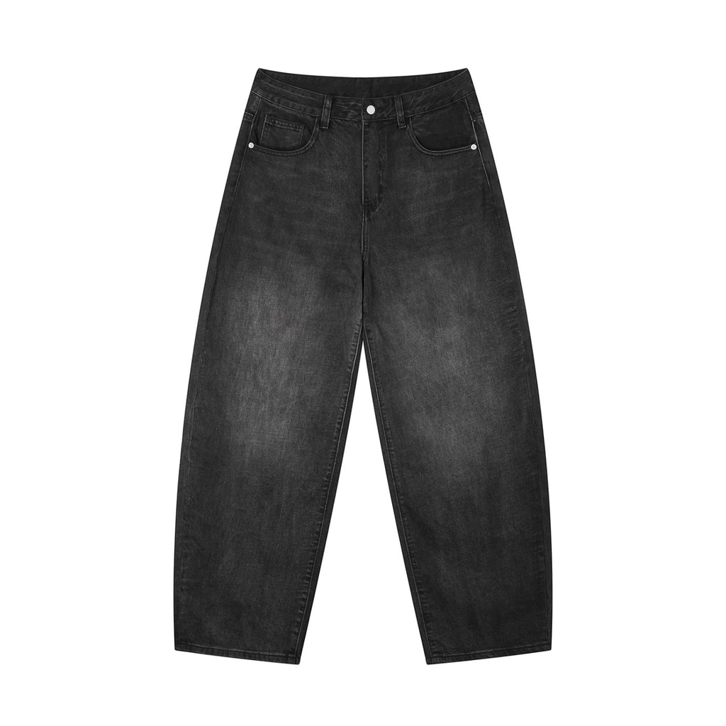 Calças de ganga pretas desbotadas Icy Culture Phantom Barrel para homem, com cintura subida e corte largo.