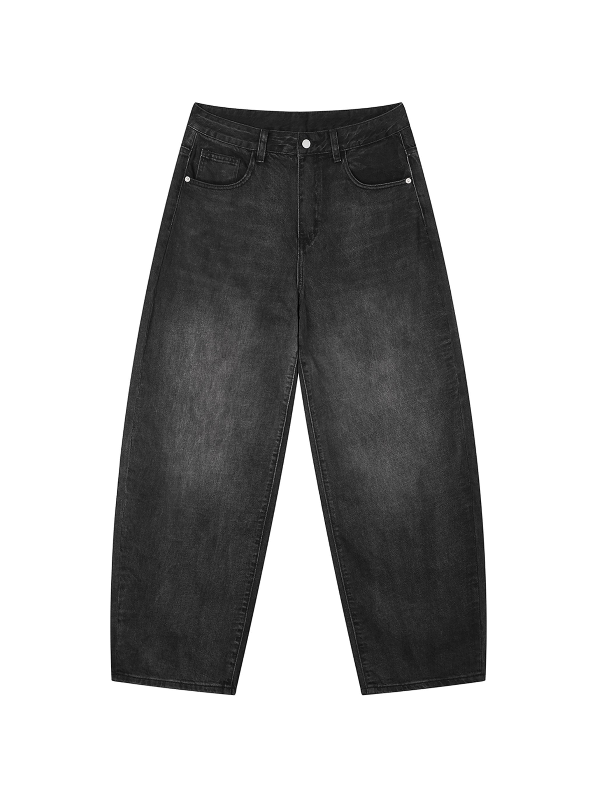 Icy Culture Phantom Barrel Jeans masculinas em ganga cinzenta desbotada, cintura média, corte largo e casual.