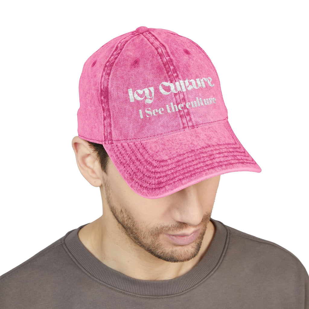 Icy Culture washed-out pink cotton twill baseball cap with embroidered text, adjustable metal buckle.