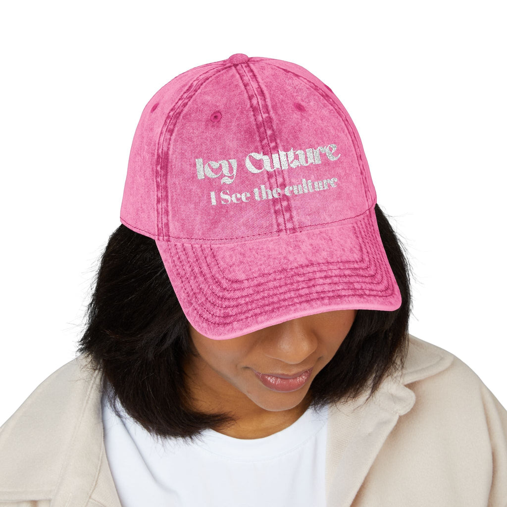 Icy Culture I See The Culture cap in washed-out pink cotton twill with embroidered text and adjustable metal buckle.