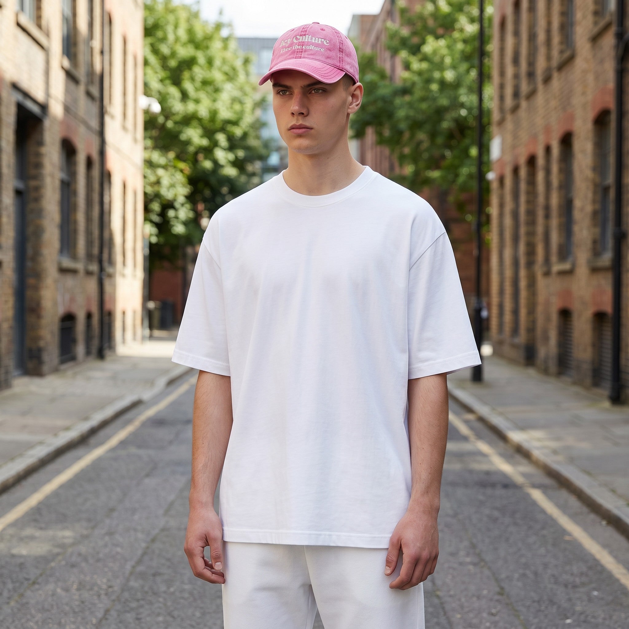 Icy Culture I See The Culture cap in washed-out pink cotton twill with embroidered text and adjustable metal buckle.