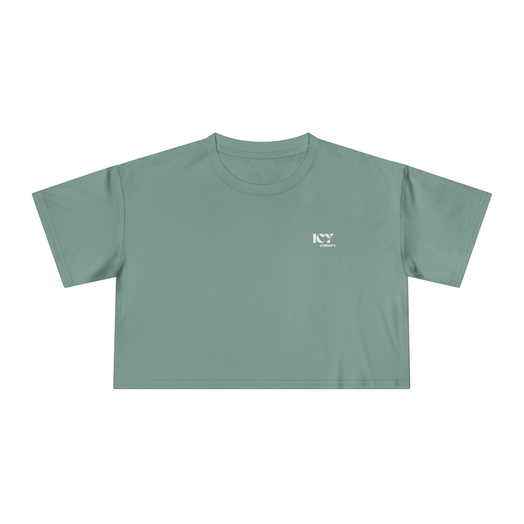 Icy Culture cropped tee in sage green, made of 100% cotton with a small white logo on the chest.