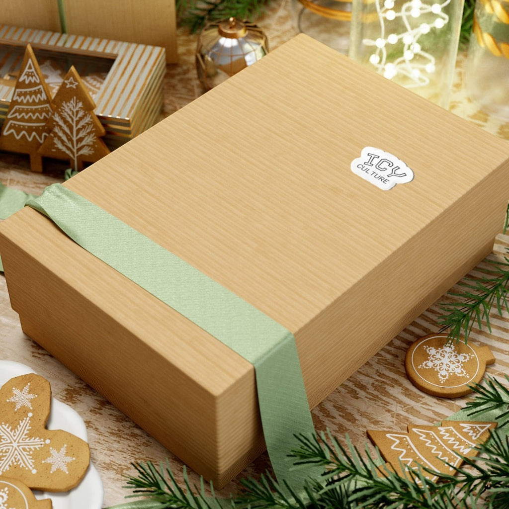 Icy Culture sticker on a gift box with green ribbon, surrounded by festive decorations.