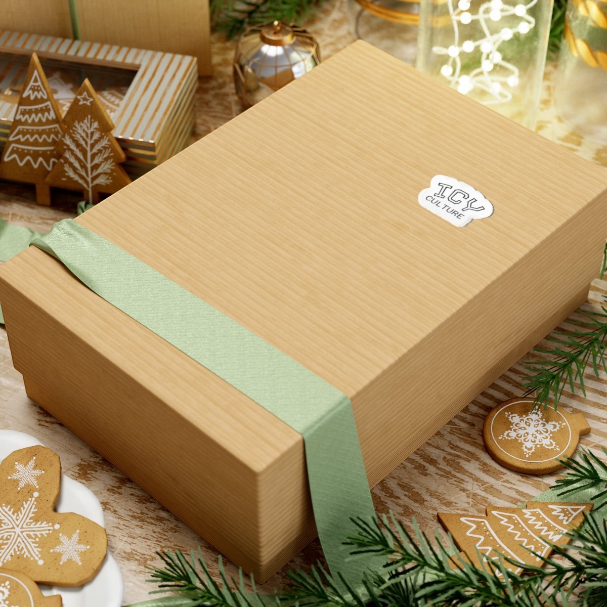 Icy Culture sticker on a gift box with green ribbon, surrounded by festive decorations.