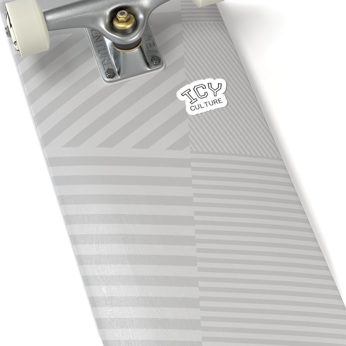 Icy Culture sticker with black outline on a grey striped skateboard deck. Vinyl sticker.