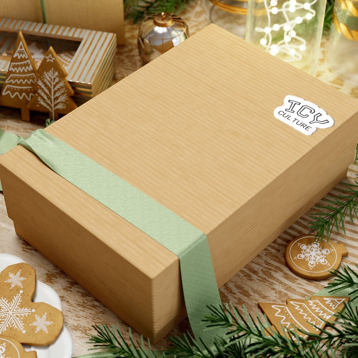 Icy Culture sticker on a gift-wrapped box with a light green ribbon. White vinyl sticker with black text.