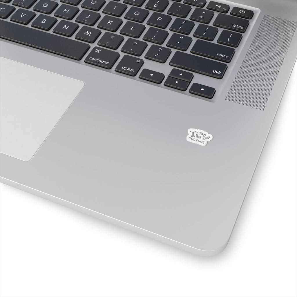 Icy Culture sticker with white lettering on a laptop.