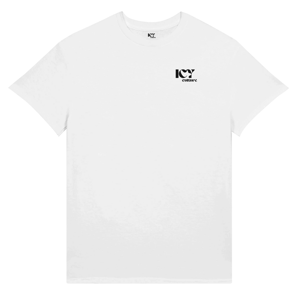 Icy Culture t-shirt branco de algodão pesado com logótipo pequeno no peito esquerdo.