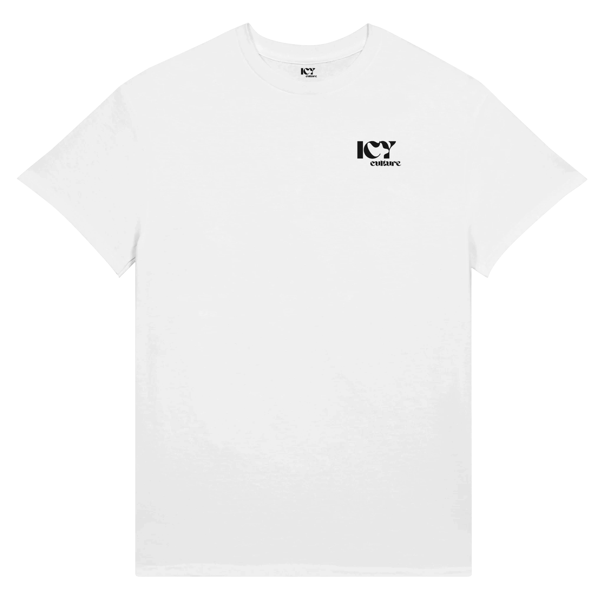 Icy Culture t-shirt branco de algodão pesado com logótipo pequeno no peito esquerdo.