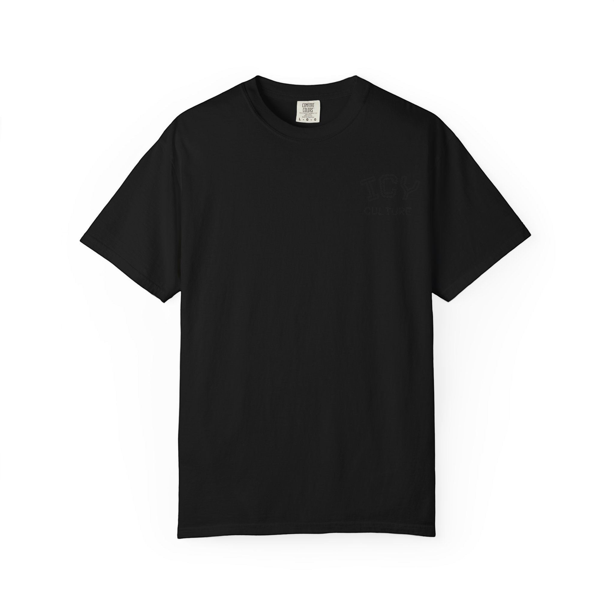 T-shirt preta de algodão 100% ring-spun da Icy Culture com logótipo bordado no peito.