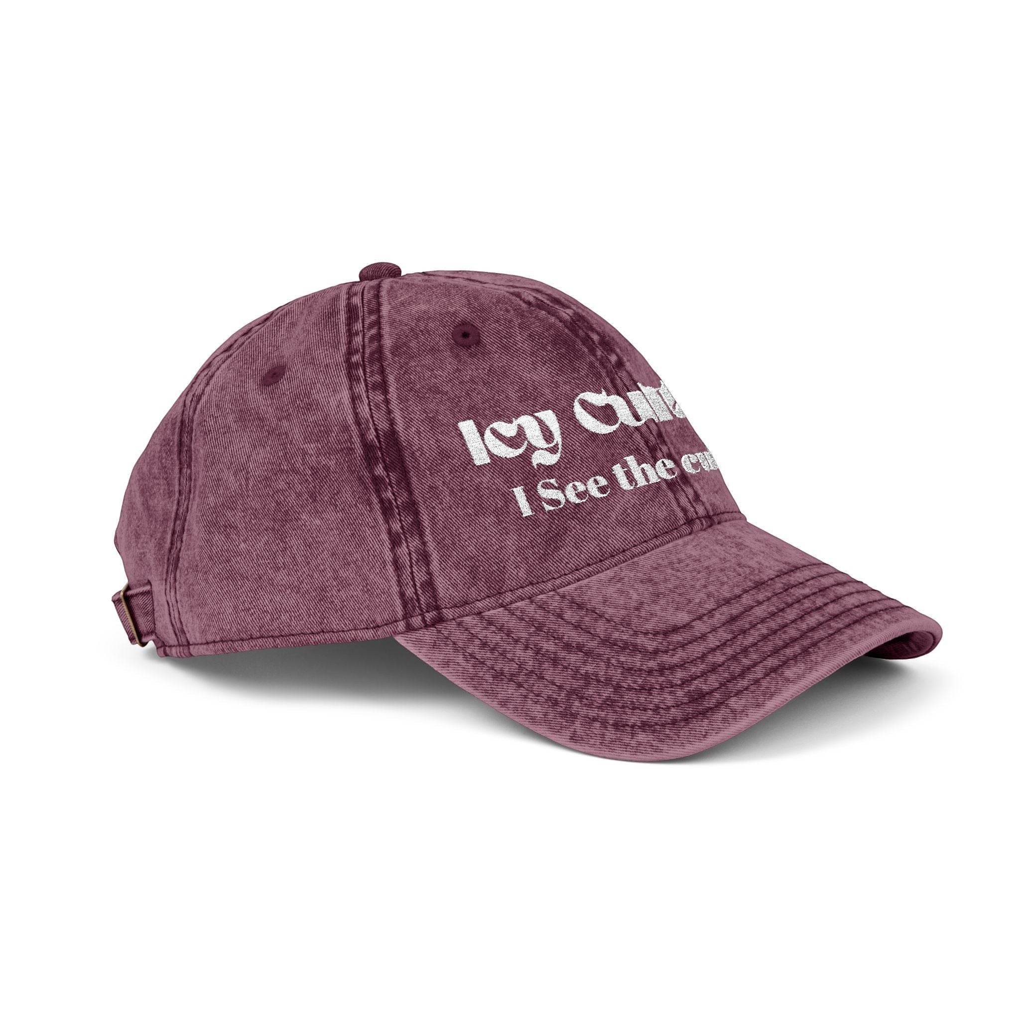 Icy Culture washed-out vintage burgundy cotton twill cap with embroidered text "I See The Culture".