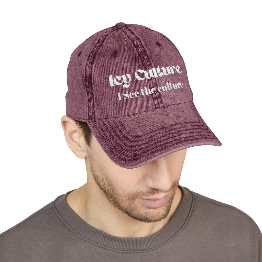 Icy Culture washed-out burgundy cotton twill vintage cap with embroidered text "Icy Culture I See the culture".