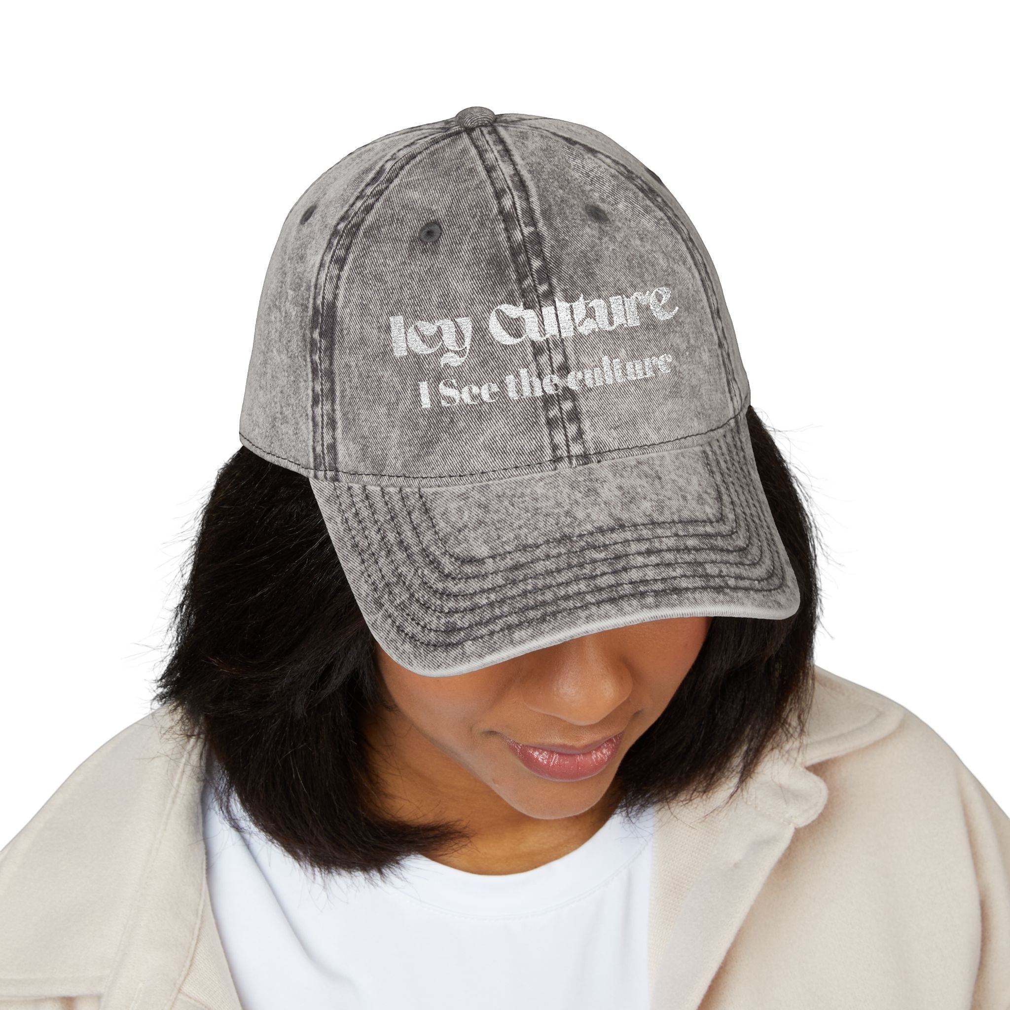 Icy Culture washed-out grey cotton twill baseball cap with embroidered text "I See The Culture" and adjustable brass buckle.