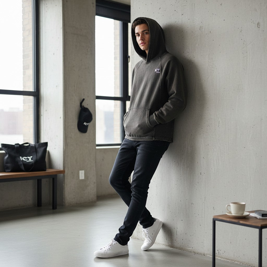 Icy Culture unisex loose-fit vintage washed hoodie in dark grey, made from thick cotton blend with frayed hem detail.