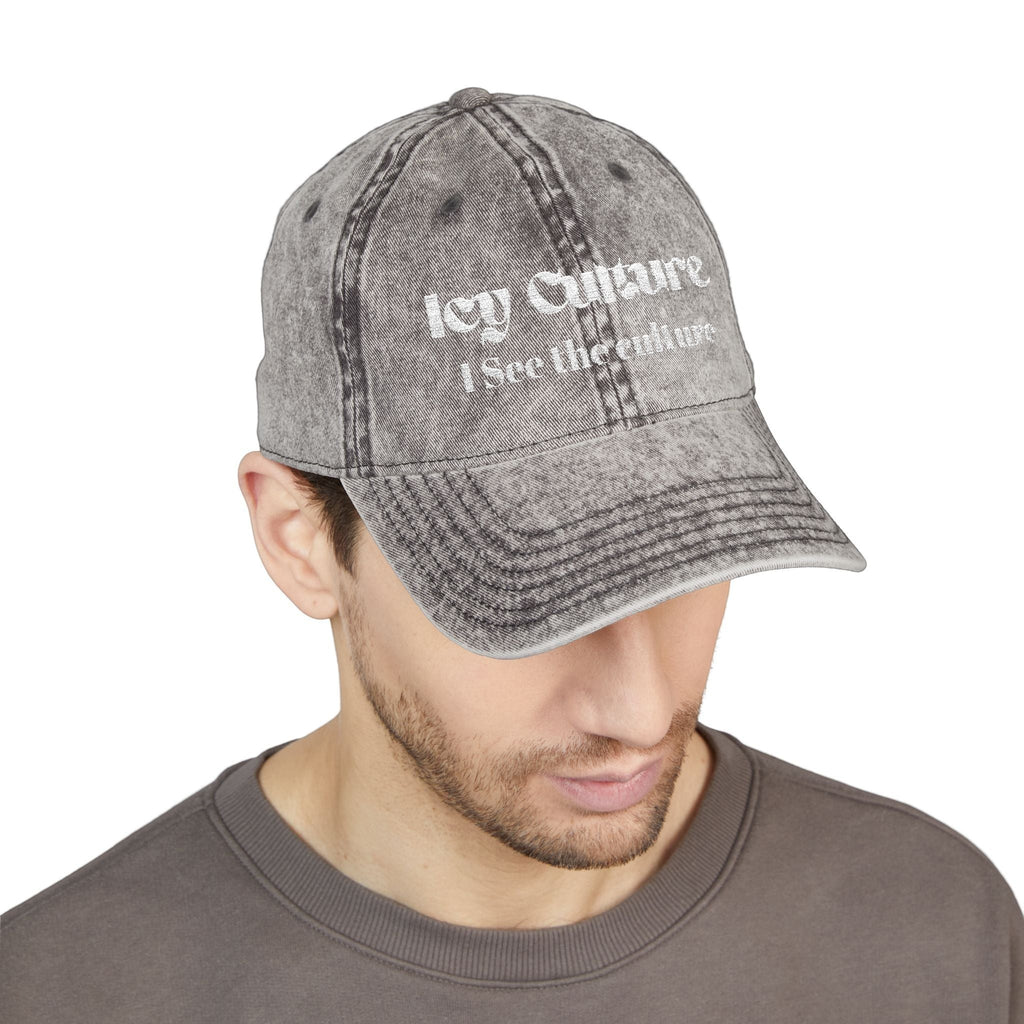 Icy Culture washed-out grey cotton twill baseball cap with embroidered text "I See the Culture".