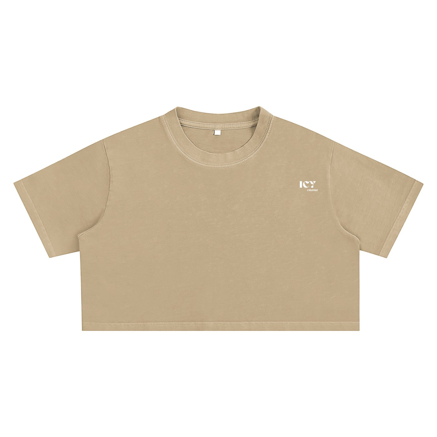 Icy Culture beige 100% cotton washed crop top with round neck and short sleeves, featuring a small white logo on the chest.