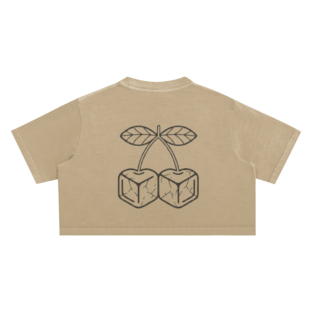 Icy Culture beige 100% cotton washed crop top with round neck and cherry ice cube graphic. Short sleeves, regular fit.