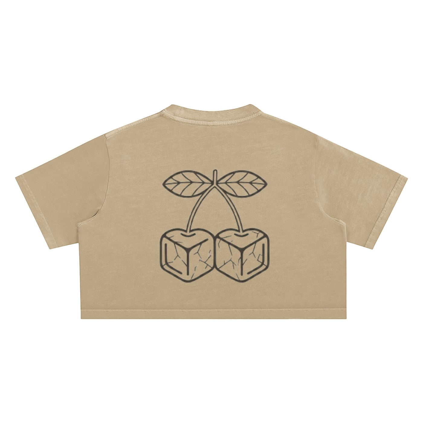 Icy Culture beige 100% cotton washed crop top with round neck and cherry ice cube graphic. Short sleeves, regular fit.