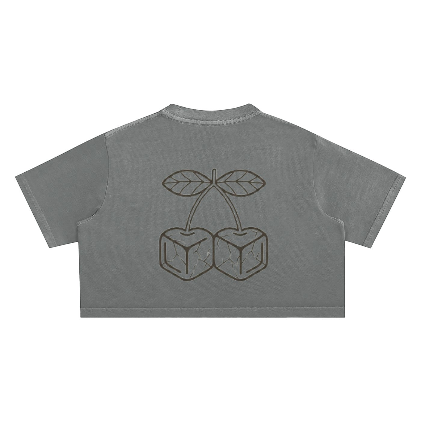 Icy Culture grey 100% cotton washed crop top with round neck and cherry graphic print. Short sleeve, regular fit.