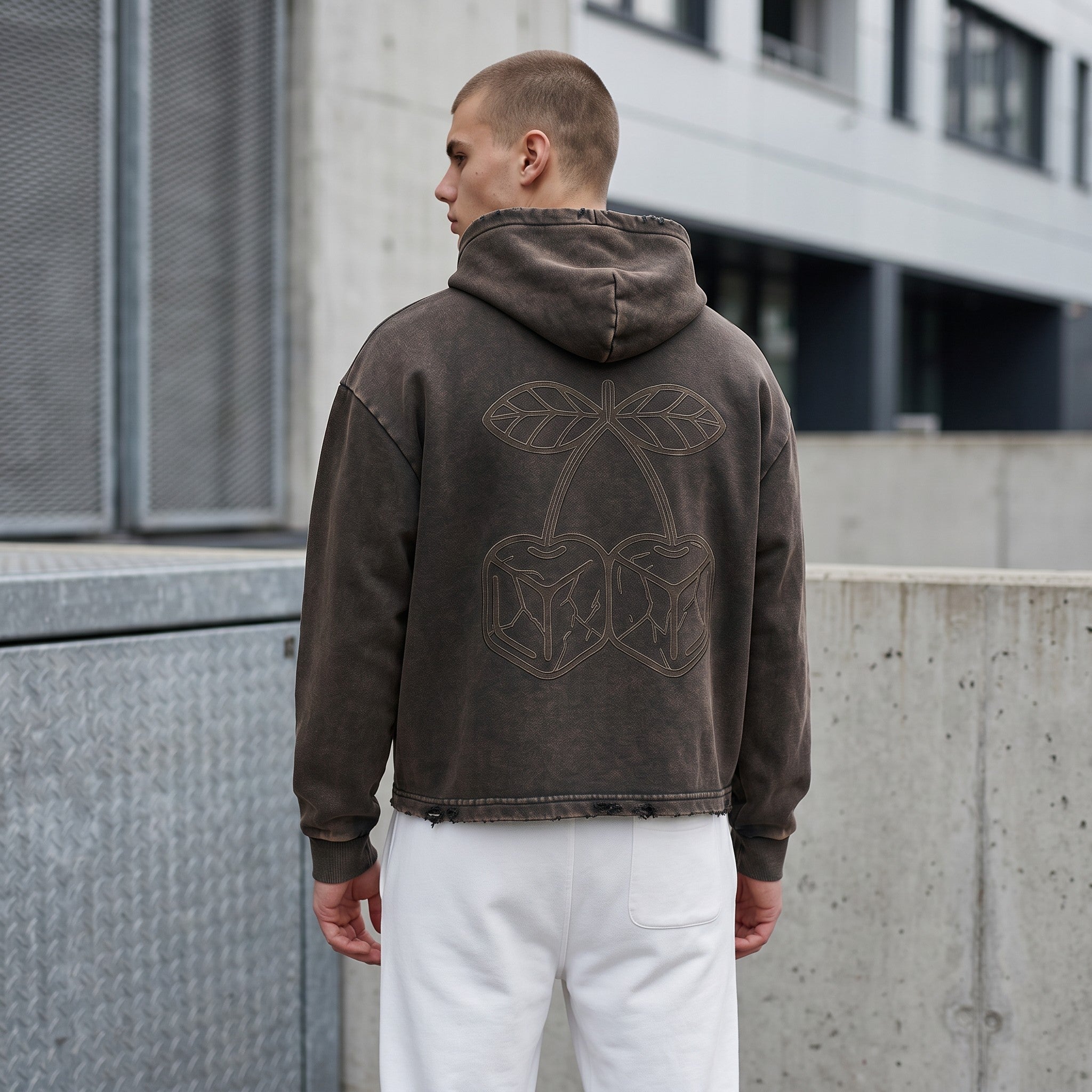 Icy Culture unisex loose-fit charcoal grey washed cotton hoodie with frayed hem and cherry graphic.