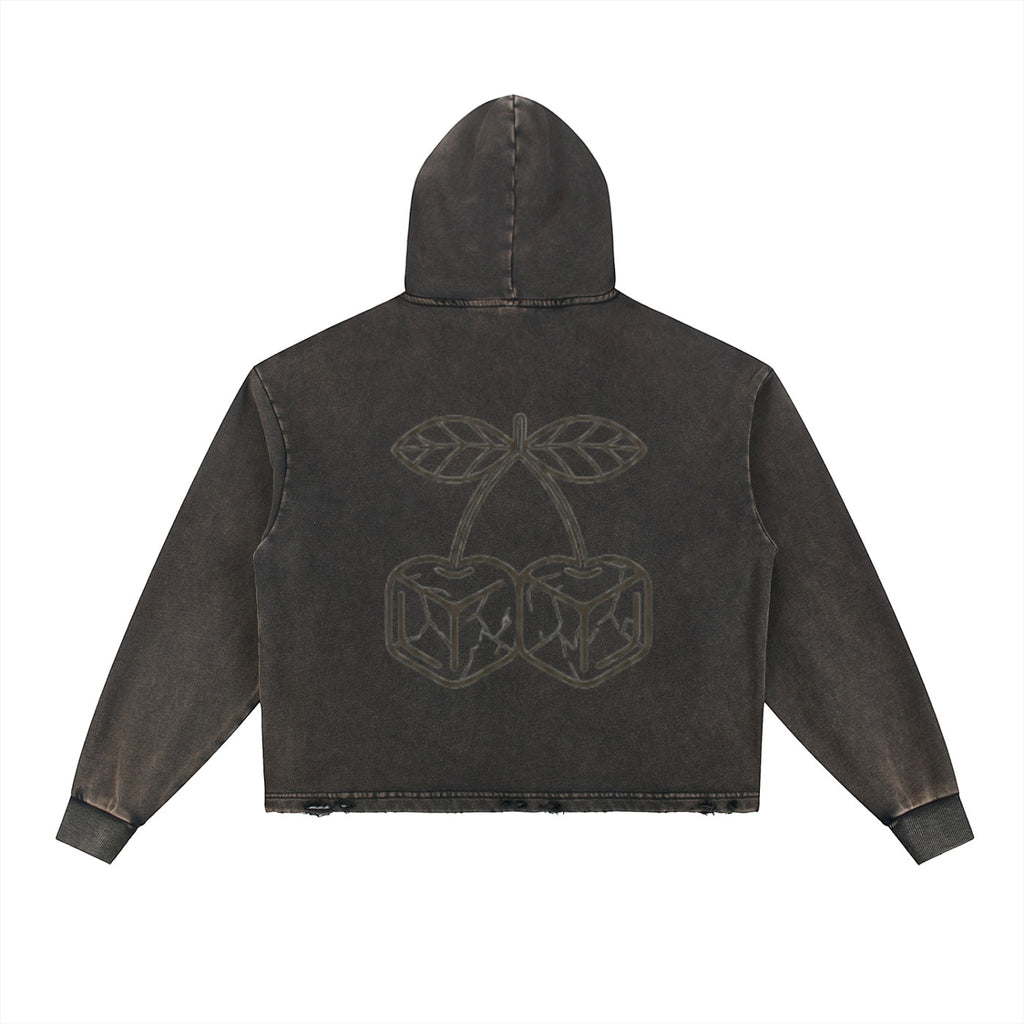 Icy Culture unisex loose-fit charcoal grey washed cotton hoodie with frayed hem and cherry graphic.