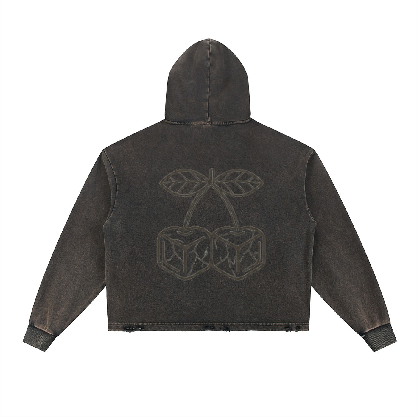 Icy Culture unisex loose-fit charcoal grey washed cotton hoodie with frayed hem and cherry graphic.