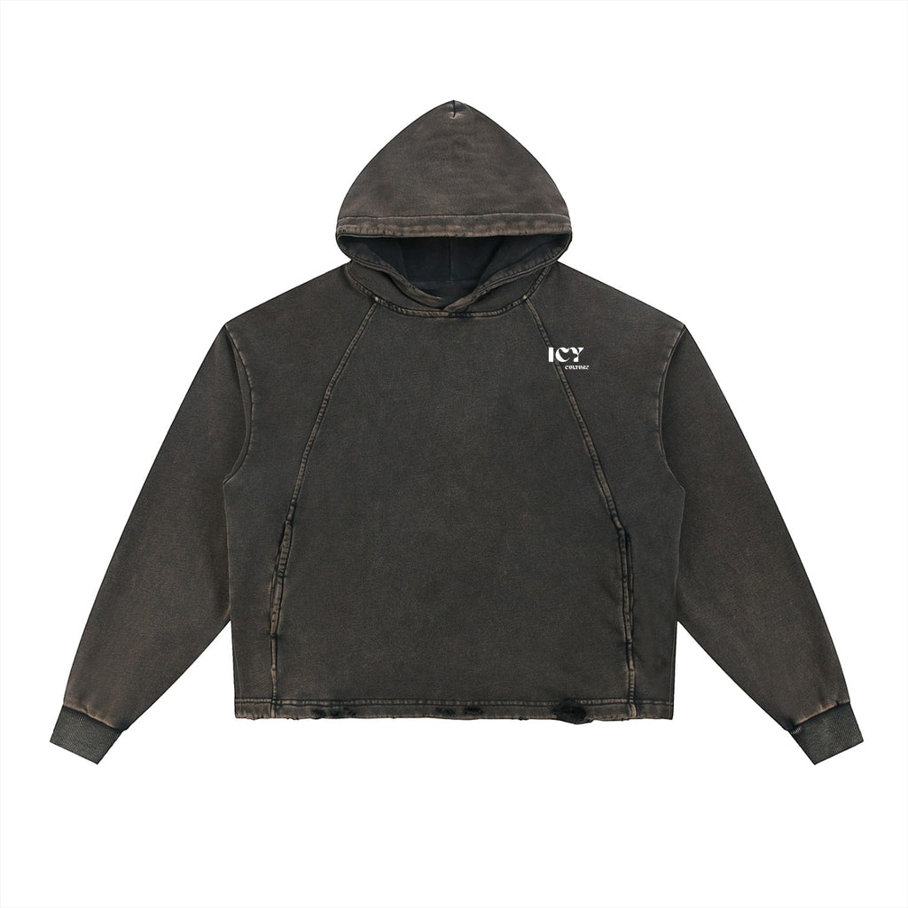 Icy Culture unisex loose-fit charcoal washed cotton-blend hoodie with frayed hem and small white logo.