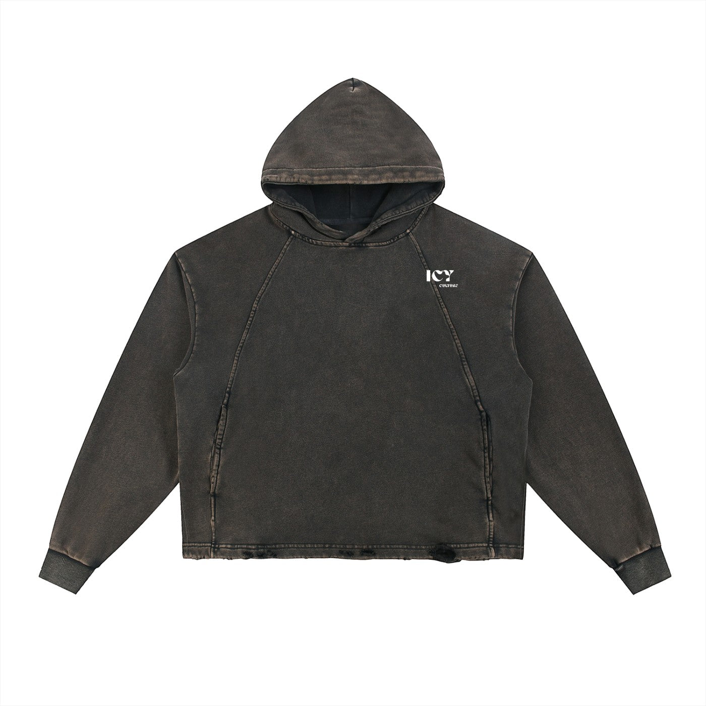 Icy Culture unisex loose-fit charcoal washed cotton-blend hoodie with frayed hem and small white logo.