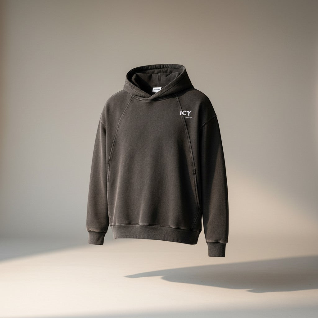 Icy Culture unisex charcoal grey washed cotton blend hoodie with frayed hem detail and small chest logo.