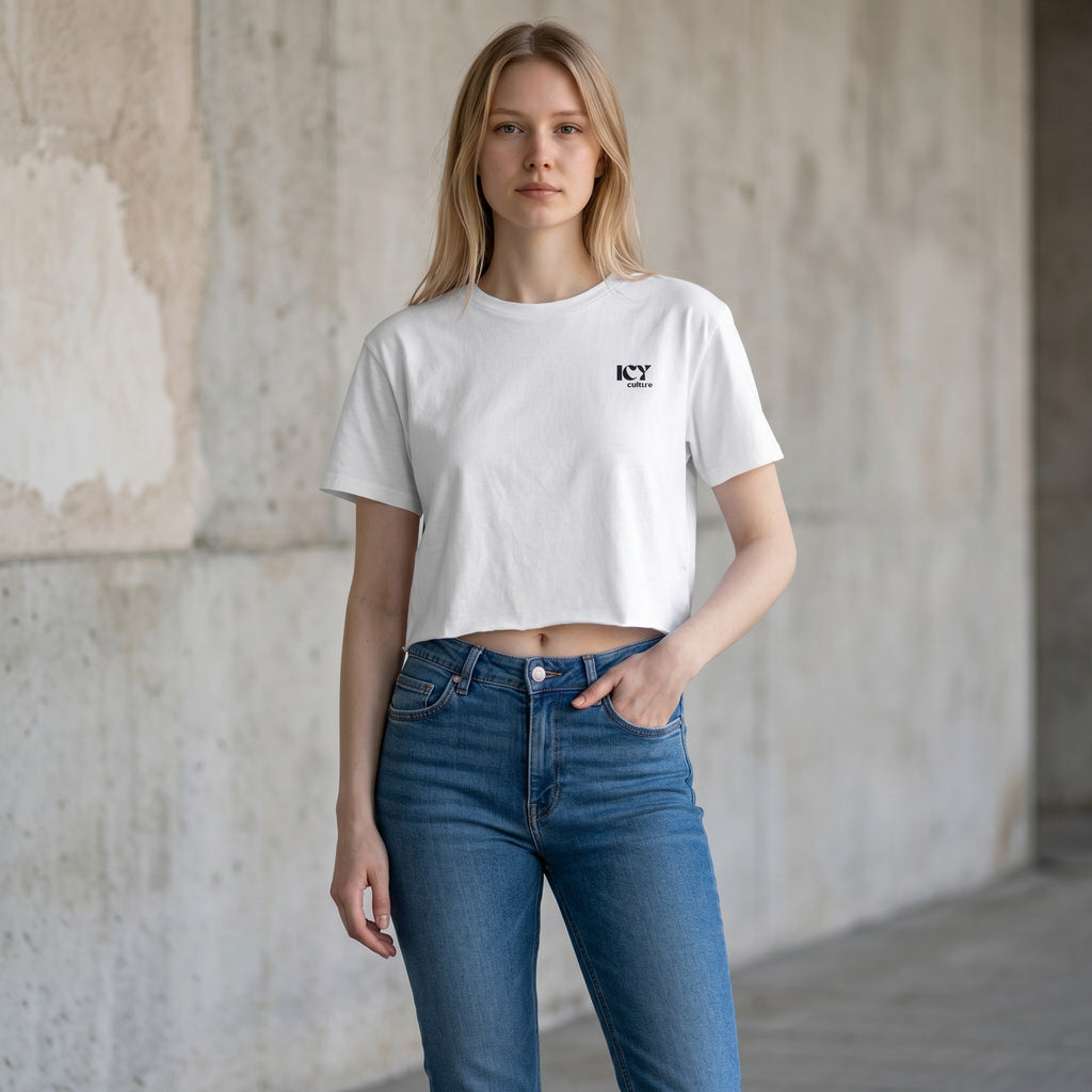 Icy Culture white cotton crop tee with short sleeves and a relaxed fit, featuring a small black logo on the chest.