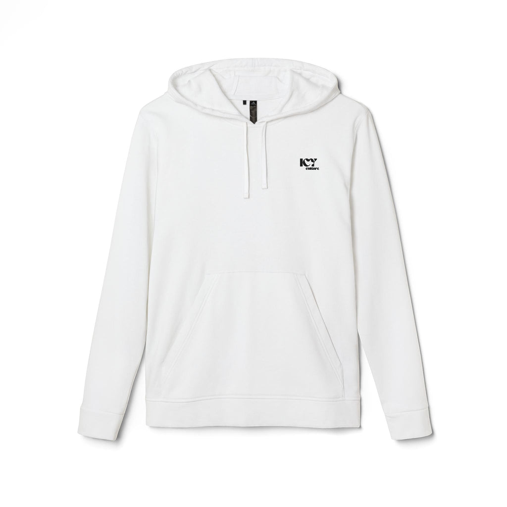 Icy Culture white cotton blend hoodie with adjustable hood, kangaroo pocket and embroidered logo on chest.