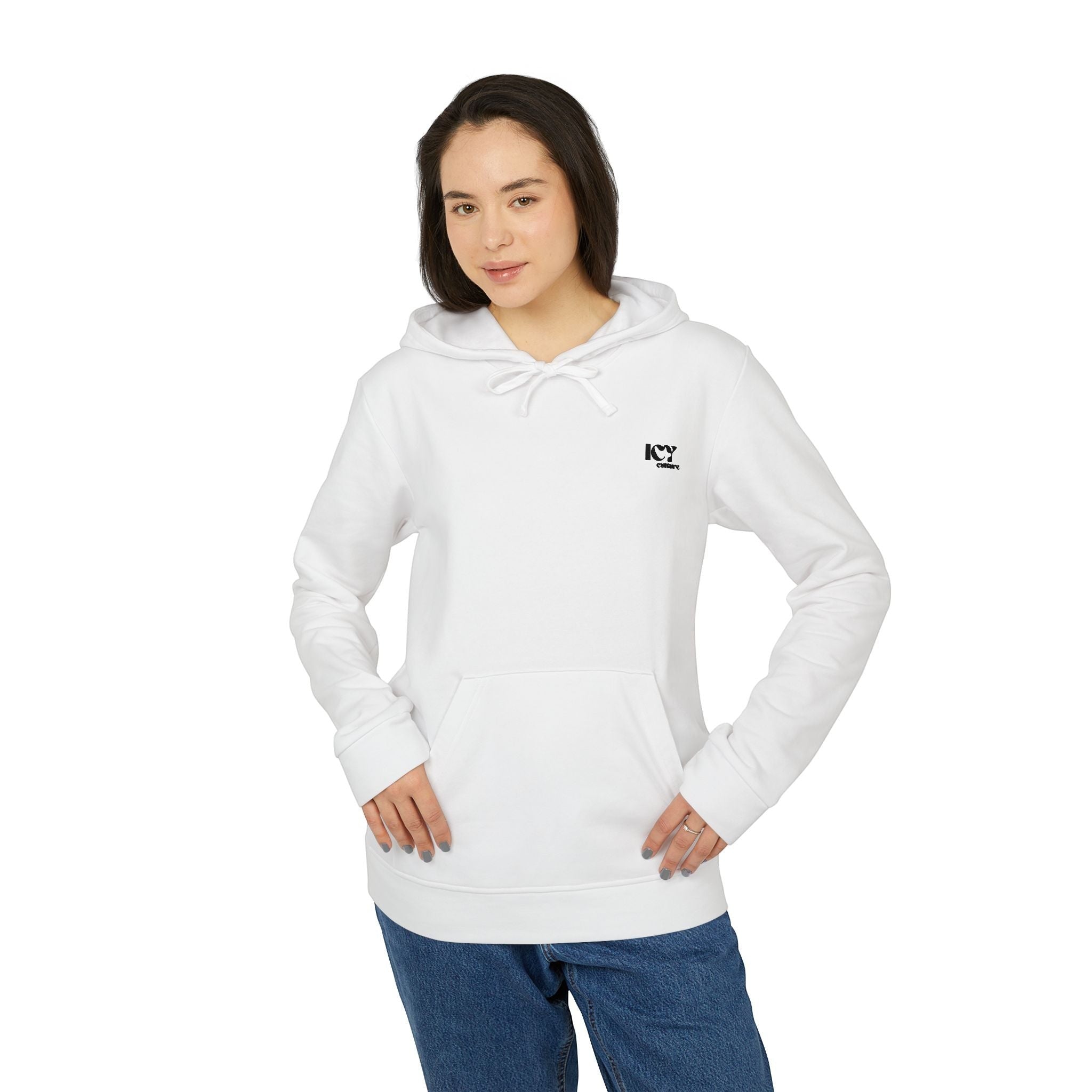 Icy Culture white cotton blend hoodie with adjustable drawstring hood and kangaroo pocket.