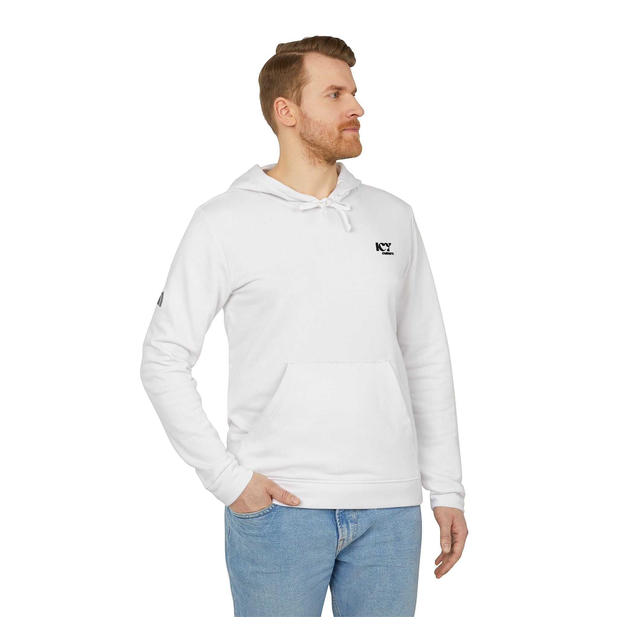 Icy Culture white cotton blend hoodie with adjustable hood, kangaroo pocket and embroidered logo on chest.