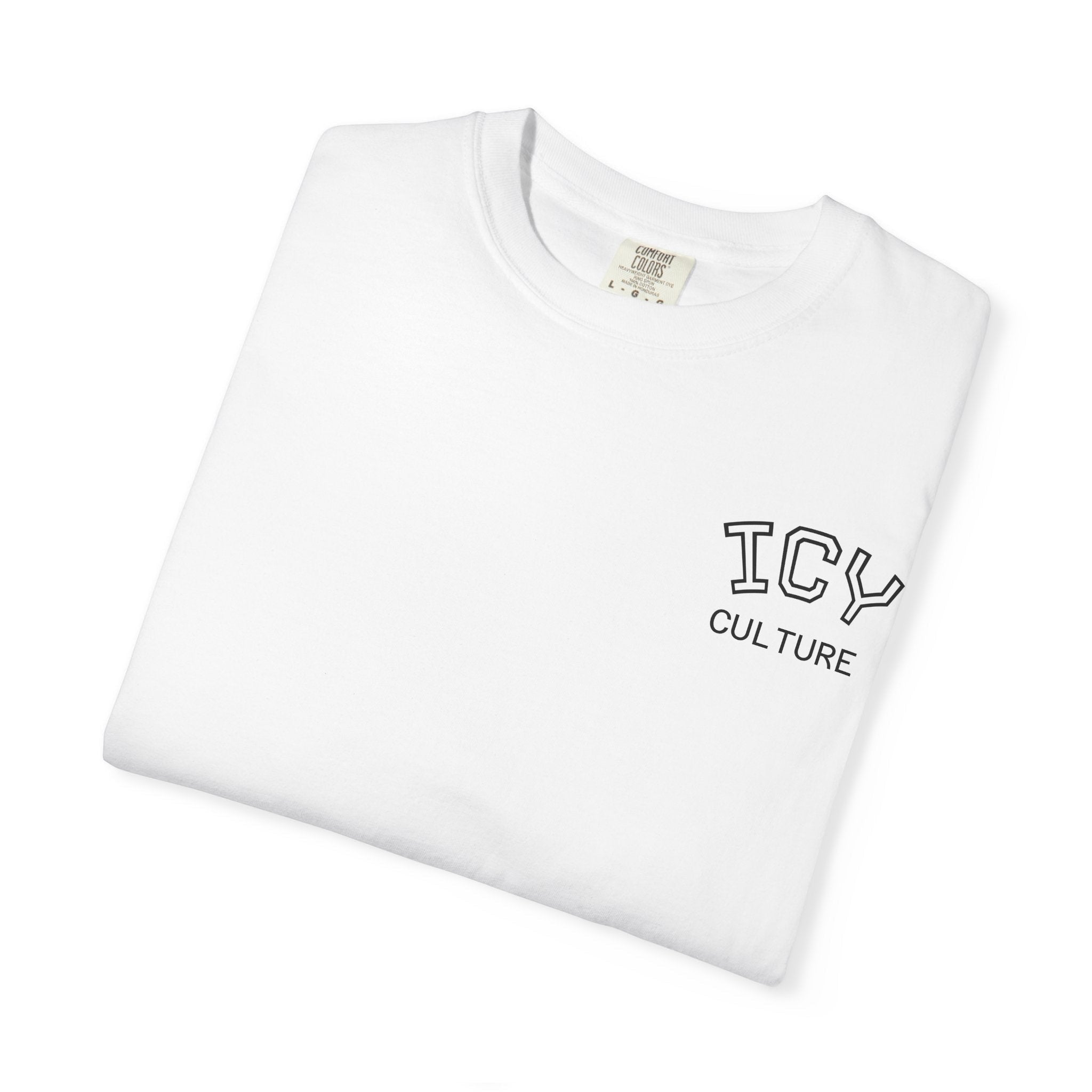 Icy Culture branca t-shirt de algodão com logótipo varsity preto no peito.