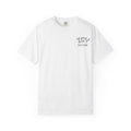 Icy Culture white cotton varsity tee with black outline logo on chest. Relaxed fit, heavyweight fabric.
