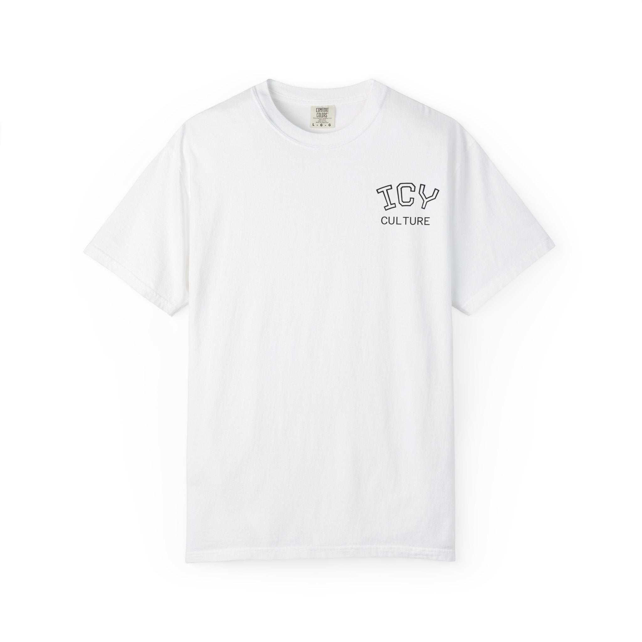Icy Culture white cotton varsity tee with black outline logo on chest. Relaxed fit, heavyweight fabric.