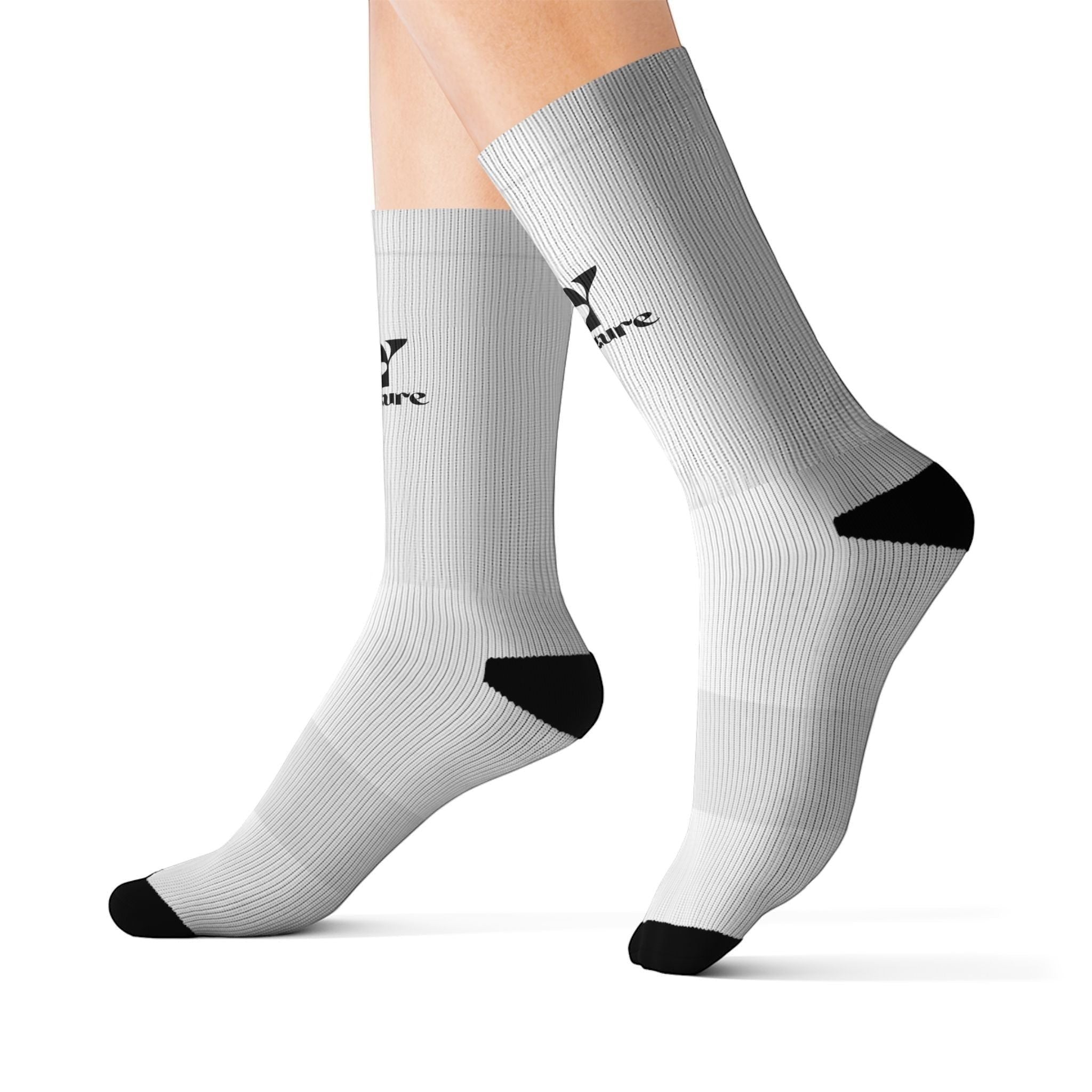 Icy Culture white crew socks with black toe and heel accents and a subtle black logo detail.