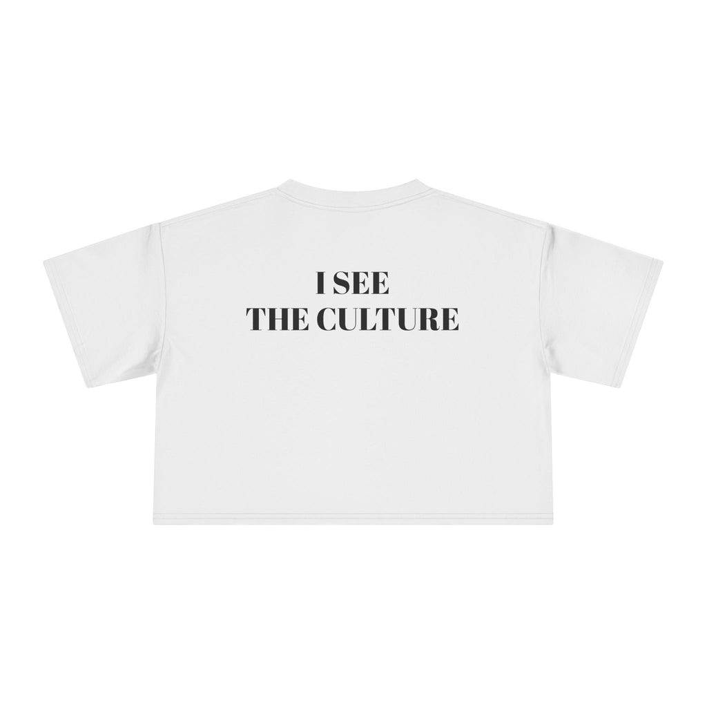Icy Culture white cotton crop tee with black text 'I SEE THE CULTURE' on the back. Relaxed fit, short length.