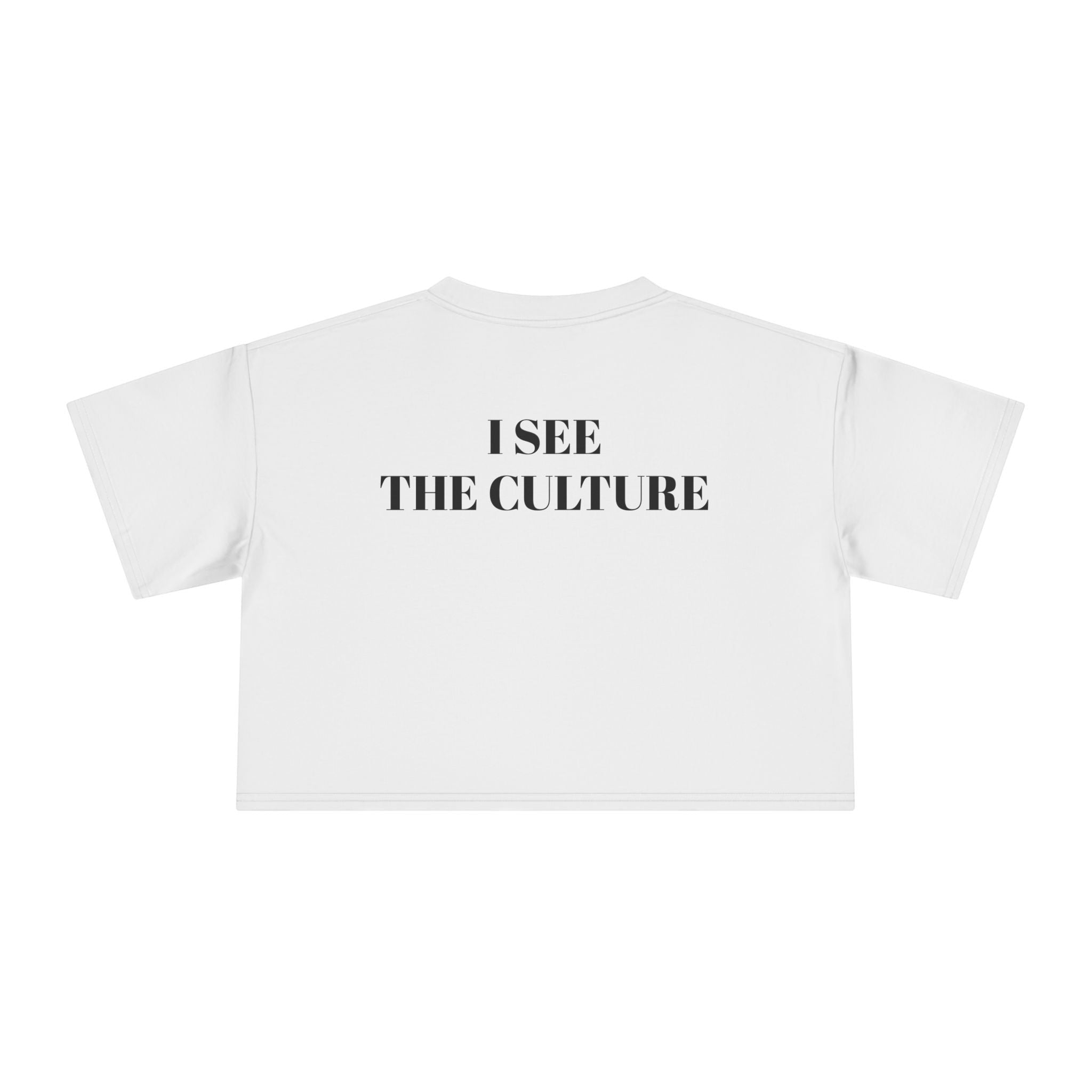 Icy Culture white cotton crop tee with black text 'I SEE THE CULTURE' on the back. Relaxed fit, short length.