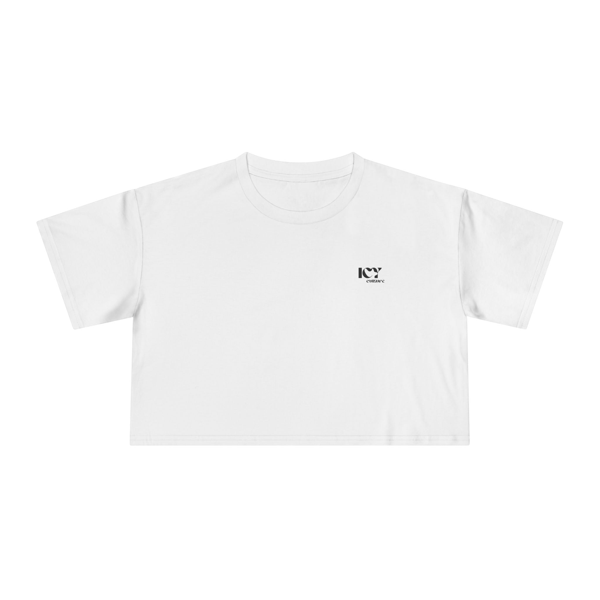 Icy Culture white cotton crop tee with short sleeves and a small black logo on the left chest.