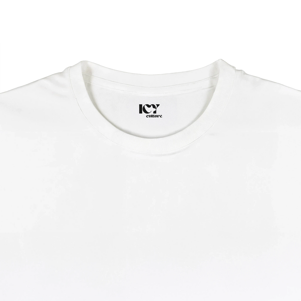Icy Culture branco t-shirt de algodão pesado com logótipo impresso no peito.