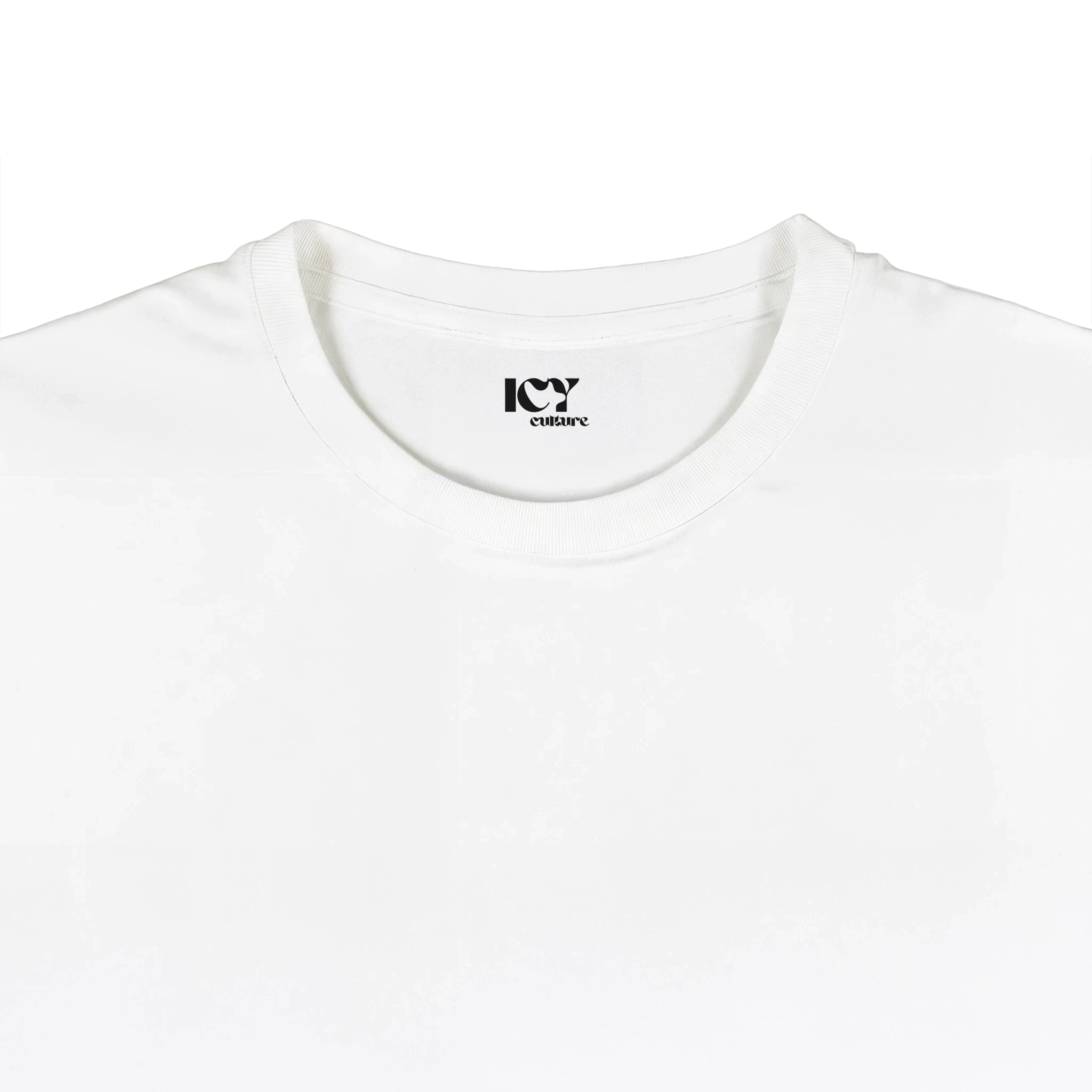 Icy Culture branco t-shirt de algodão pesado com logótipo impresso no peito.