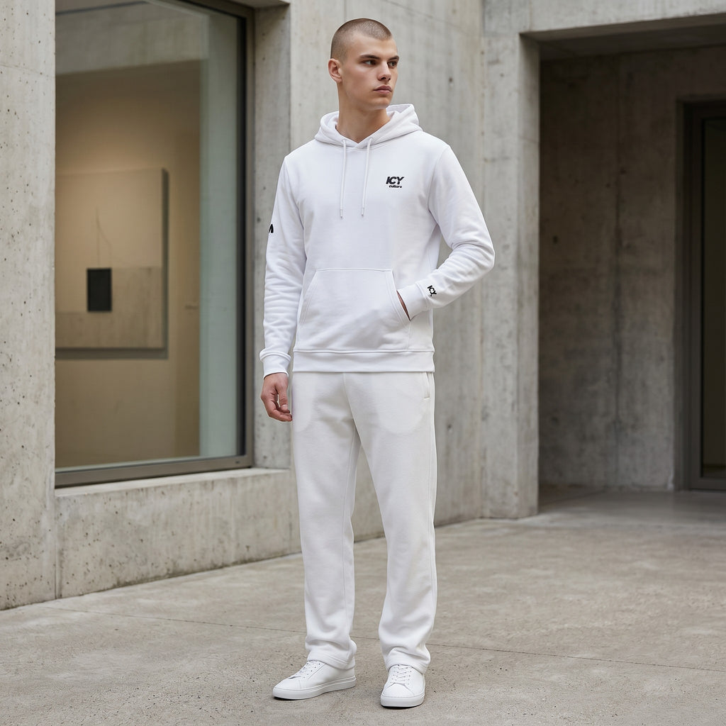Icy Culture white cotton blend hoodie with adjustable hood, kangaroo pocket and embroidered logo on chest.