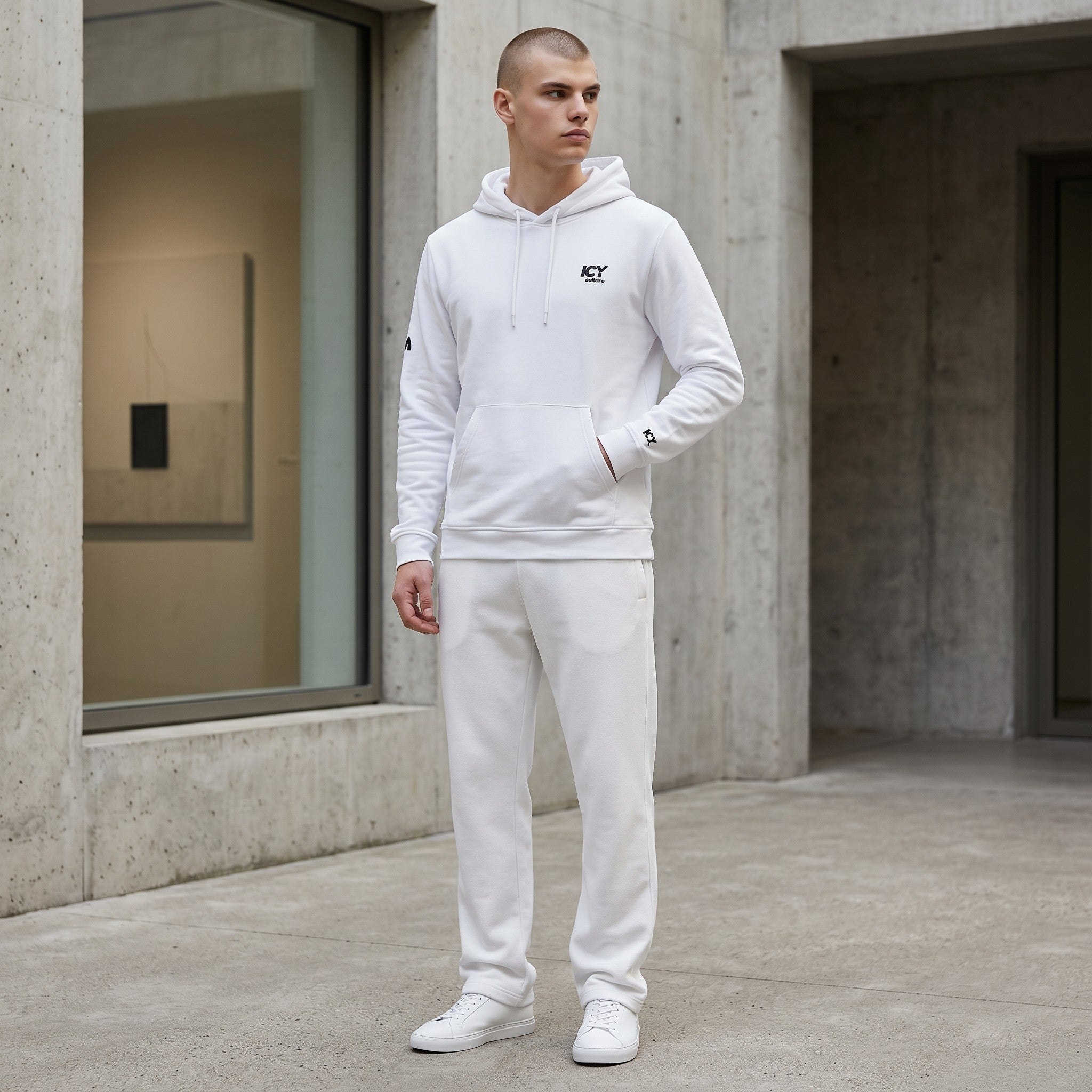 Icy Culture white cotton blend hoodie with adjustable hood, kangaroo pocket and embroidered logo on chest.